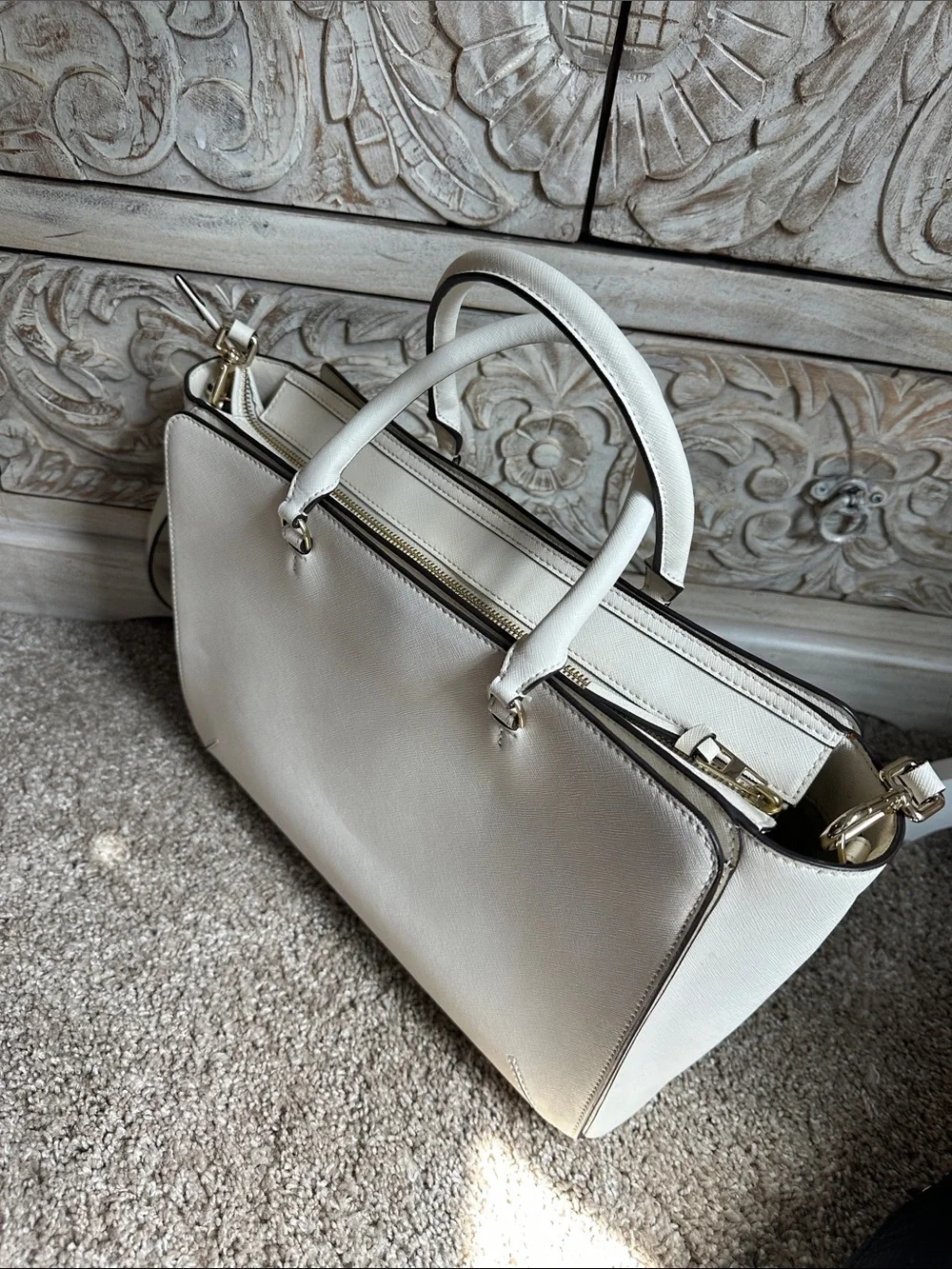 Tory Burch Cream Saffiano Leather Satchel with Detachable Strap